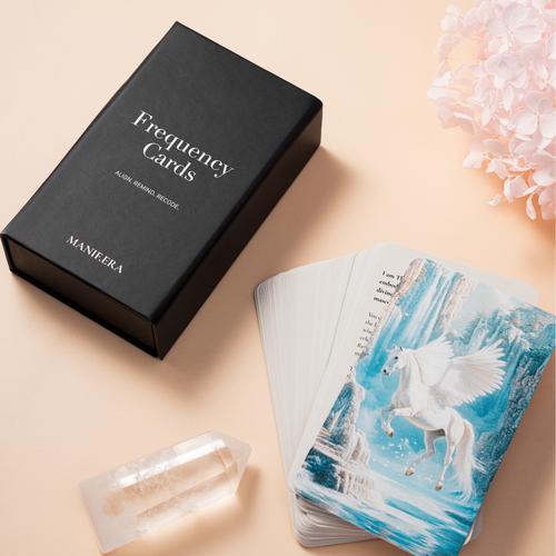 Frequency Cards with a black box and crystal on a beige background